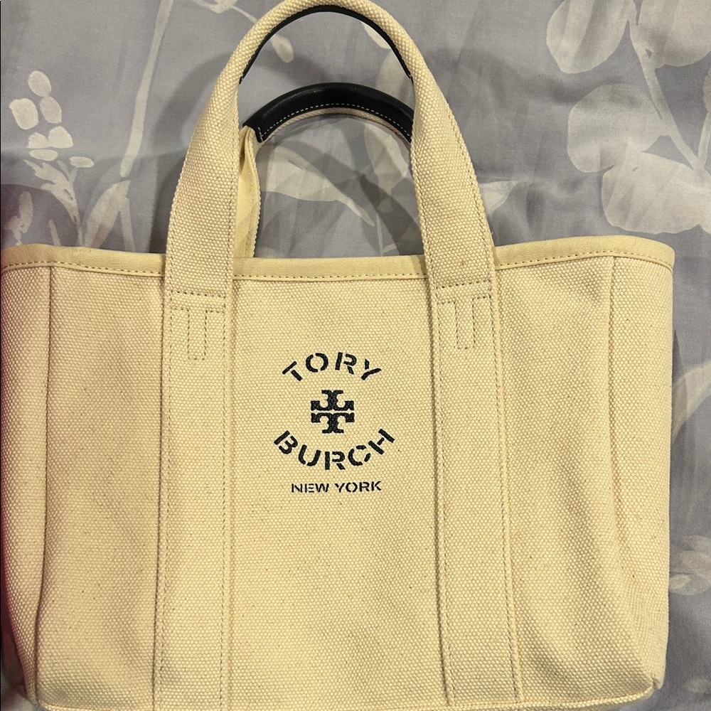 Tory Burch Beige Canvas Tote with Black Logo